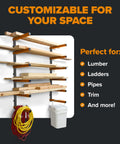 Wood Organizer And Lumber Storage Rack With Six Level Wall Storage Shelves in bright orange for indoor and outdoor use with accessories.