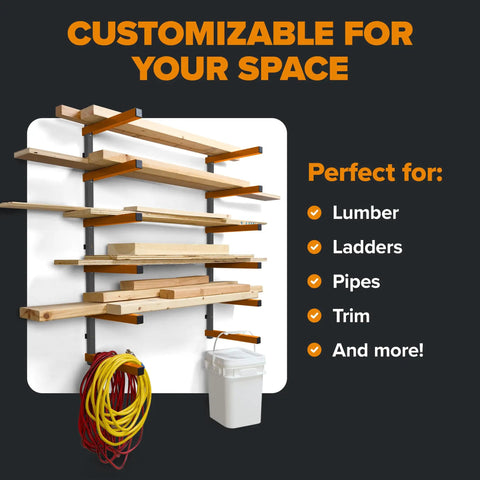 Wood Organizer And Lumber Storage Rack With Six Level Wall Storage Shelves in bright orange for indoor and outdoor use with accessories.