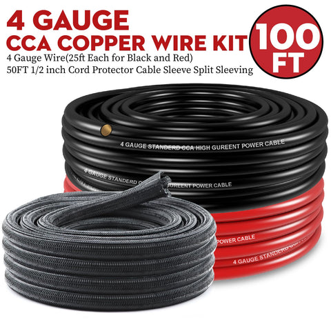 4 Gauge Copper Clad Aluminum Automotive Wire Kit 50 Feet Total With 25 Feet Red And 25 Feet Black Half Inch Wire Loom