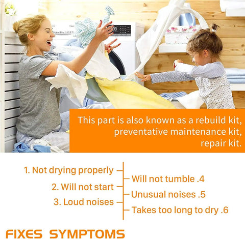 Family doing laundry with Easy No Fuss Dryer Repair Kit 4392067, fixing drying issues and noises in Maytag Whirlpool dryers.