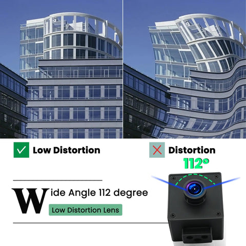 Comparison of building images using Global Shutter USB Wide Angle Webcam With 110 Degree Low Distortion Lens 1080p At 90fps Ultra Smooth High Frame Rate For Computer Raspberry Pi Laser Engraver Lightburn Camera USB 2.0 Security Cam showcasing low distortion vs distortion at 112 degrees