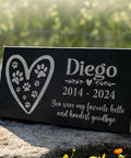 Personalized Pet Memorial Stone With Photo For Dogs And Cats Custom Headstone And Garden Marker With Image For Remembrance Engraved Puppy And Kitten Memorial Plaque For Cremation with paw print heart and text "Diego 2014-2024" on granite