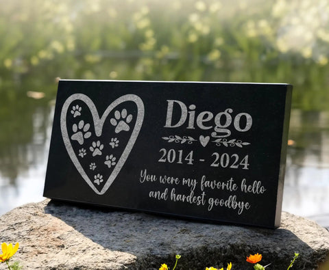 Personalized Pet Memorial Stone With Photo For Dogs And Cats Custom Headstone And Garden Marker With Image For Remembrance Engraved Puppy And Kitten Memorial Plaque For Cremation with paw print heart and text "Diego 2014-2024" on granite