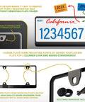 Diagram of Stealth Matte Black License Plate Frame With 3D Raised Letters, UV Resistant Powder Coat, rust proof with mounting hardware.