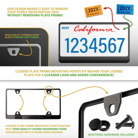 Diagram of Stealth Matte Black License Plate Frame With 3D Raised Letters, UV Resistant Powder Coat, rust proof with mounting hardware.
