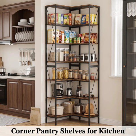 L Shaped Industrial Corner Bookshelf With Six Tier Storage For Living Room And Office, Sturdy Metal Frame And Particle Board