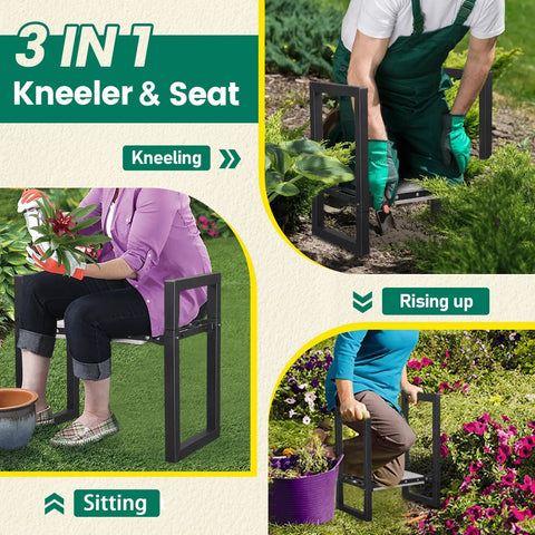 Heavy Duty Folding Garden Kneeler And Seat With Handles, used for kneeling and sitting, ideal for gardening tasks, shown in use