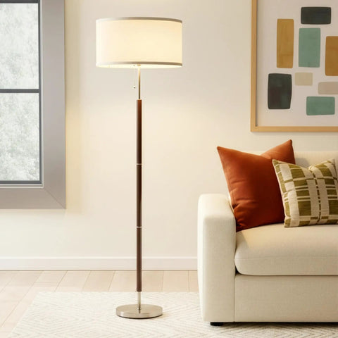 LED Floor Lamp With Walnut Wood Finish And Drum Shade Mid Century Modern Style For Living Room Office And Bedroom Decor