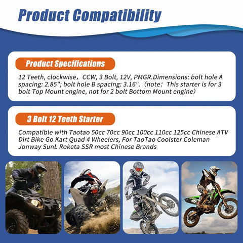 Compatibility chart for 3 Bolt 12 Tooth Starter Kit for 50cc to 125cc Chinese ATVs, showcasing compatible models and specifications.