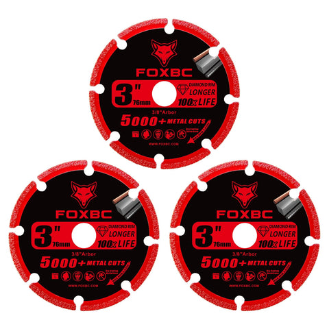 FOXBC 3-inch diamond cut-off wheel, 3-pack, 3/8-inch arbor, for metal cutting