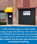 Brick building with yellow awning, FindTape sign on door, blue graphic with company mission and history text.