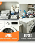Before and after of Top Shelf Silicone Washer And Dryer Top Mat 26 By 18 Inch Waterproof Countertop Protector Non Slip in laundry setup.