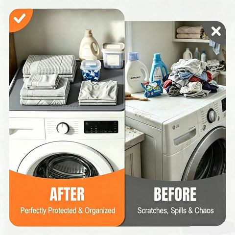 Before and after of Top Shelf Silicone Washer And Dryer Top Mat 26 By 18 Inch Waterproof Countertop Protector Non Slip in laundry setup.