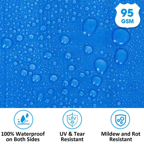 Close-up of blue waterproof surface of Double-Sided Waterproof Poly Tarp 14x30 Feet 5 Mil Thick Heavy-Duty All-Weather Polyethylene Tarps
