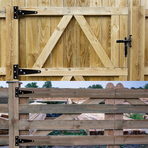 4 Inch T Shaped Stainless Steel Hinge Set, 6 Pack, Rust Proof Durable Door Hardware on wooden gates, smooth operation.
