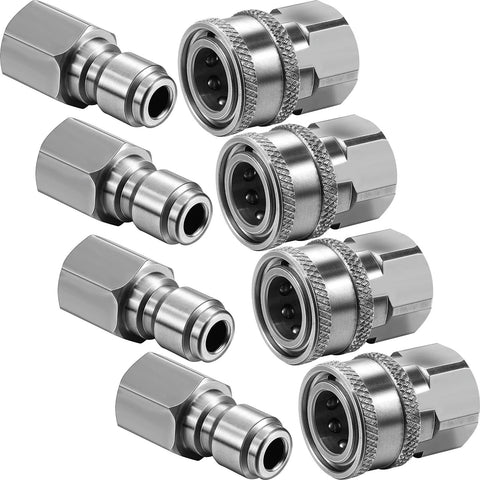 8-pack stainless steel NPT 3/8 in quick-connect adapters for pressure washers, male and female.