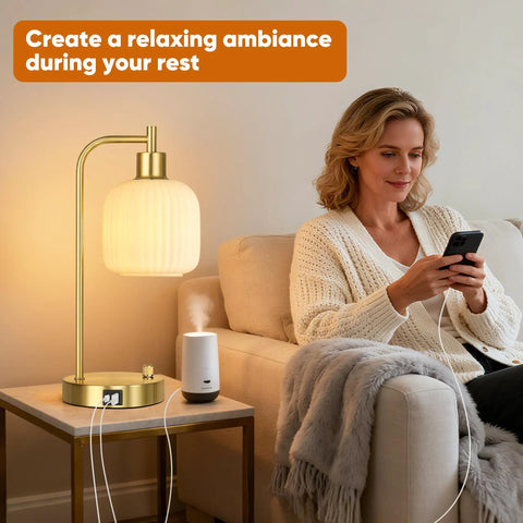 Woman enjoying a book next to an Industrial Touch Control Desk Lamp With Dual USB Ports And Outlet For Charging Up Fast 3 Way Dimmable Bedside Nightstand Reading Lamp Glass Desk Lamp For Bedroom And Office.