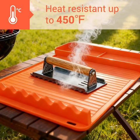 Silicone Grill Mat For Blackstone 16x11.5 Inch Non Slip Tool Mat With Sauce Drip Pad, wavy grip, and heat press on outdoor table.