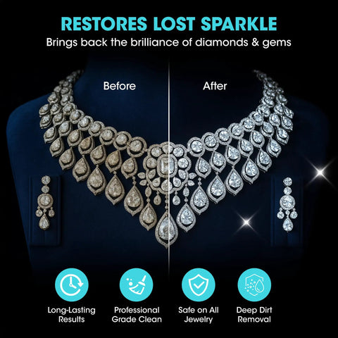 Ultra Strong 32 Oz Ultrasonic Jewelry Cleaner Solution Knocks Out Stubborn Lotion Grease And Daily Grime From Diamond Rings Silver Watches And Prescription Glasses While Keeping Things Budget Friendly showing before and after of clean jewelry.