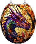 Round Resin Toilet Seat for Bathroom featuring a colorful stained glass dragon design with autumn leaves.