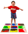 Child standing on Liquid Sensory Floor Tiles 15.8 Inch Square 4 Pack Colorful Fun Non-Toxic Liquid Moves With Every Step