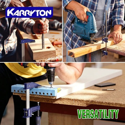 Heavy Duty 2 Pack Steel Bar Clamps 24 Inch Quick Adjust F Clamps in use during woodworking projects for secure gripping.