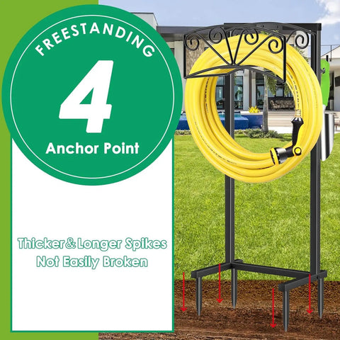 Heavy Duty Garden Hose Holder With 4 Ground Spikes, Freestanding Metal Reel Stand with yellow hose on lawn