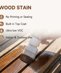 Applying Red Oak All In One Wood Stain And Sealer With Integrated Dripless Brush to a wooden surface outdoors.