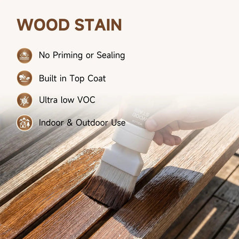 Applying Red Oak All In One Wood Stain And Sealer With Integrated Dripless Brush to a wooden surface outdoors.