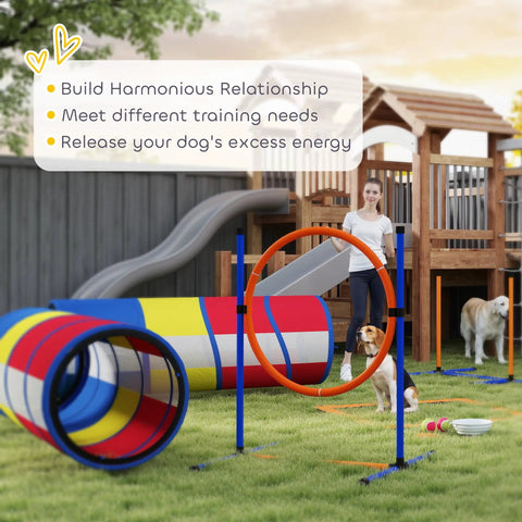 All In One Dog Agility Training Set 12 Piece Obstacle Course With Adjustable Hurdle And Ring Four Tunnels in garden setting
