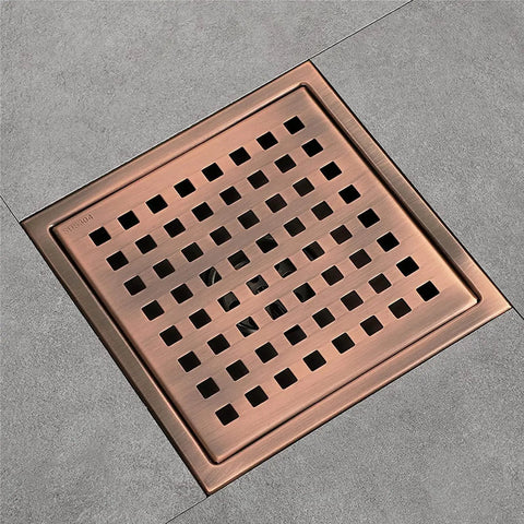 Hella Durable 6 Inch Square Shower Floor Drain, 304 Stainless Steel Hair Catcher with Removable Grate, Brushed Black bathroom drain in place.