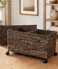 Large Rolling Wicker Storage Basket Made From Water Hyacinth, 15.5 Gallon Chest With Smooth Rolling Wheels and Removable Lid