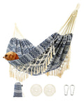 Two Person Indoor Garden Hammock With Tassels And Deluxe Macrame Fringe for patio, includes carry bag, 450 lb support, blue white.