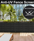 Heavy Duty Fence Privacy Screen 3ft X 50ft 150 GSM Mesh Windscreen With Brass Grommets For Outdoor Wall Deck Garden Backyard Porch Cable Ties Included Black Durable installed on deck railing with UV protection detail