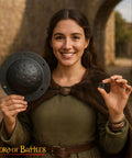 Person holding Beefy Hand Forged 12 Gauge Iron Shield Boss Umbo For Reenactment And DIY Shields, 20 cm domed, with rivets