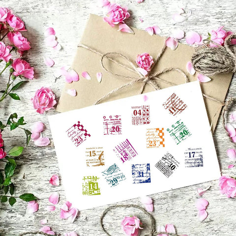 Vintage Date Clear Stamps Top Shelf Seal Set with colorful numbers on white card beside a gift wrapped in brown paper.