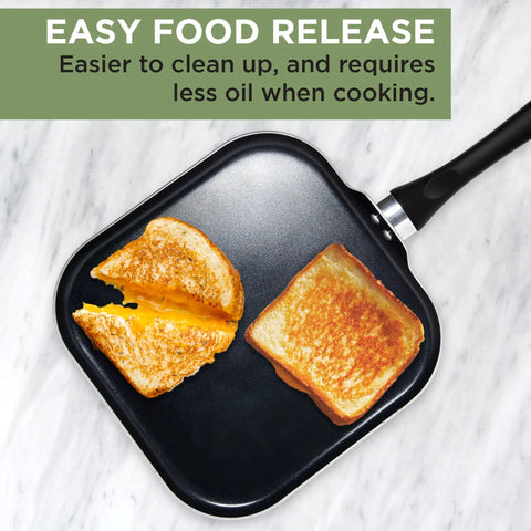 Nonstick Square Griddle Pan With Easy To Clean Surface And Stay Cool Handle Even Heat Distribution Dishwasher Safe 11 Inch Cookware For Quick Breakfasts And Everyday Dinners with grilled cheese sandwiches