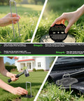 Visual guide showing installation of 6 Inch Landscape Staples Set 11 Gauge Galvanized U Shaped Garden Stakes 100 Pack With Gaskets Hook Tool And Rubber Mallet For Weed Fabric And Landscaping No Fuss Easy Install, with steps for placing and securing staples in lawn.