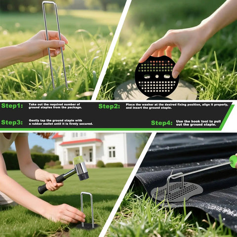 Visual guide showing installation of 6 Inch Landscape Staples Set 11 Gauge Galvanized U Shaped Garden Stakes 100 Pack With Gaskets Hook Tool And Rubber Mallet For Weed Fabric And Landscaping No Fuss Easy Install, with steps for placing and securing staples in lawn.