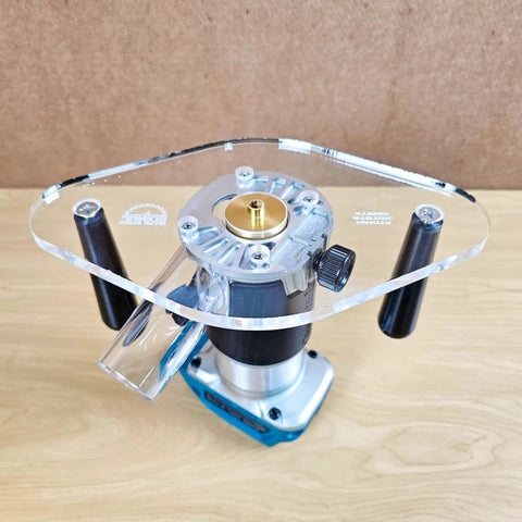 Lock Into Place With This Clear Acrylic Router Base Plate Six By Ten Inch Dual Grip Handles Fits Compact Router Models Pre Drilled Holes Precision Woodworking Tool Boss Upgrade Made In Usa Sweet Shop Fix mounted on a compact router.