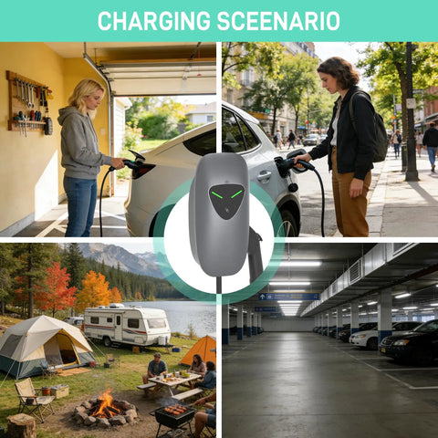Portable 40 Amp NEMA 14 50 EV Charger With 9.6 kW Fast Charging used in various settings including city and camping.