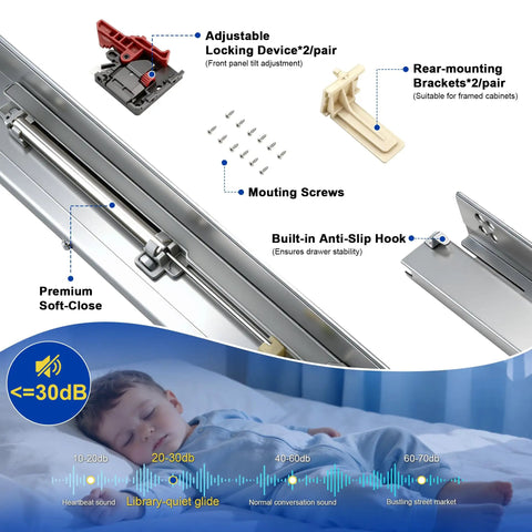 Heavy Duty Undermount Drawer Slides Two Pairs Twenty One Inch Full Extension Soft Close Smooth Slide Mechanics includes locking devices and screws.