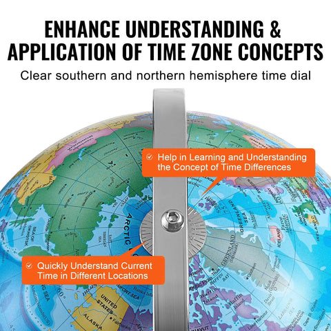 Top view of Rotating 13 Inch World Globe With Stand For Kids And Classrooms 720 Degree Spin Precise Time Zone ABS Material Educational Geography Globe showing time zones.