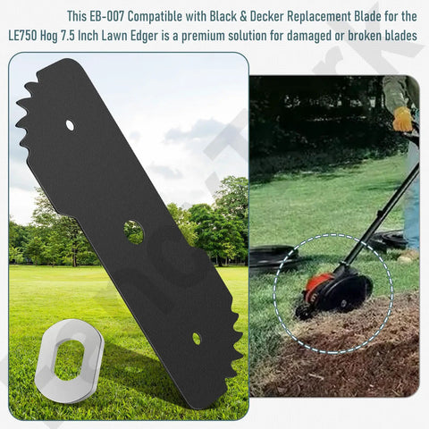 Image of Two Pack EB 007 Seven And A Half Inch Edge Hog Built Tough Edger Replacement Blade For Black And Decker 2 In 1 LE750 LE710 LE760 EH1000 With Four Wear Indicators, showcasing a black steel blade with a central hole.