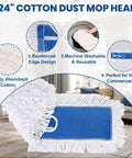 24 inch Heavy Duty Cotton Dust Mop Heads 2 Pack with blue edge, machine washable for commercial cleaning.