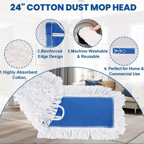 24 inch Heavy Duty Cotton Dust Mop Heads 2 Pack with blue edge, machine washable for commercial cleaning.