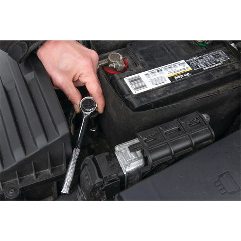 Mechanic using All In One Forty Piece SAE And Metric Socket Set With One Quarter Inch And Three Eighth Inch Drive Ratchet under hood.