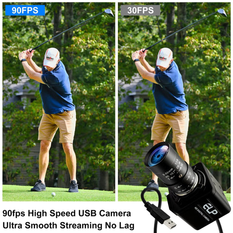 Comparison of 90fps and 30fps golf swing shots with Global Shutter 90fps USB Camera With 10X 5-50mm Varifocal Lens For Golf Swing Analysis.