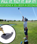 Person using Beer Bomber Golf Club Beer Bong Party Accessory For Golfers Ultimate Novelty Gift 12oz Grip N Rip Design on golf course