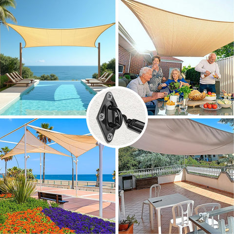 Heavy Duty Stainless Steel Awning Attachment Set For Sun Shade Sail Outdoor Patio Garden Hardware Kit For Triangle Square And Rectangle Sails Rust Resistant Easy Install Black in use with various patio settings